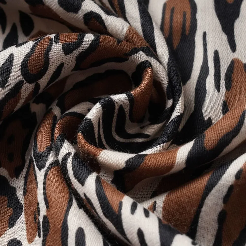 Leopard Pattern Cotton & Linen Scarf Beige and Brown